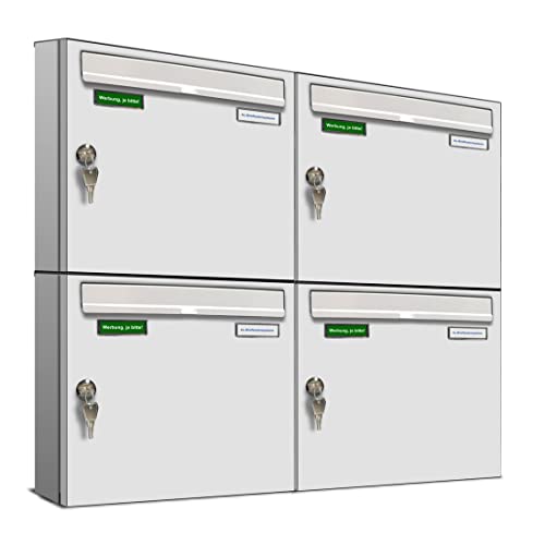 AL Briefkastensysteme Basic 4er Briefkasten RAL 9016 Verkehrs Weiss 4 Fach DIN A4 wetterfest Briefkastenanlage mit Posthaltebügel und 2 Namensschildern