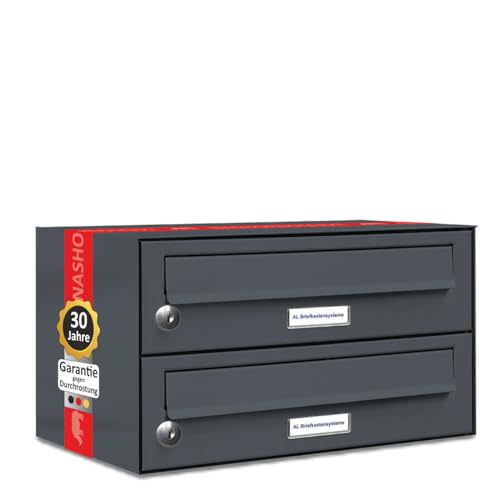 AL Briefkastensysteme 2er Briefkastenanlage Anthrazit Grau RAL 7016, Premium Doppel-Briefkasten DIN A4, 2 Fach Postkasten modern Aufputz