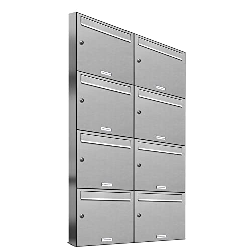 AL Briefkastensysteme 8er Briefkastenanlage Edelstahl, Premium Briefkasten DIN A4, 8 Fach Postkasten modern Aufputz