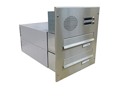 B-042 2er Edelstahl Mauerdurchwurf Briefkastenanlage mit 2 Klingeln & Sprechsieb (Tiefe: 39-62 cm) - LETTERBOX24.de