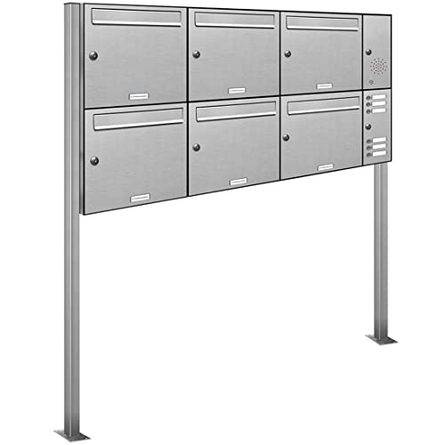 AL Briefkastensysteme 6er V2A Edelstahl Standbriefkasten mit Klingel rostfrei als 6 Fach Briefkastenanlage in Postkasten Briefkasten Design modern