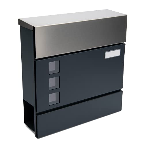 Wenkels® Briefkasten in Anthrazit mit Zeitungsfach, Sichtfenster und Absenkautomatik - Postkasten aus Edelstahl inkl. 2 Schlüssel und Montagematerial (Mit Namensschild)