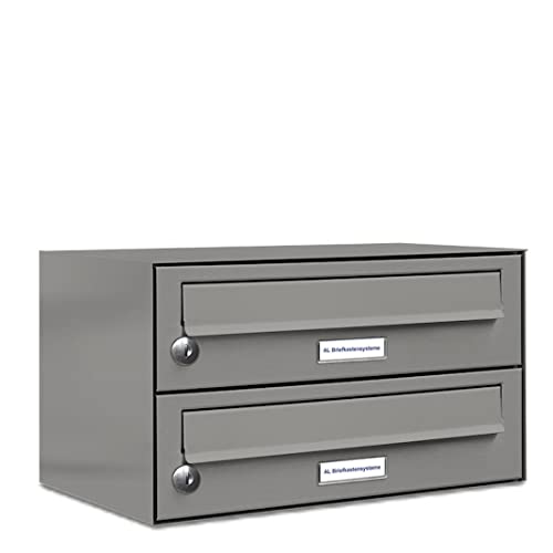AL Briefkastensysteme 2er Briefkastenanlage Aluminiumgrau RAL 9007, Premium Doppel-Briefkasten DIN A4, 2 Fach Postkasten modern Aufputz