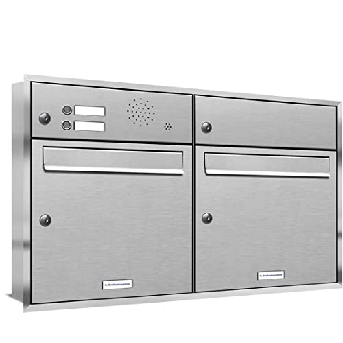AL Briefkastensysteme, 2er Unterputzbriefkasten, Doppel-Briefkasten mit Klingel, 2 Fach, Briefkastenanlage modern, rostfrei Edelstahl Postkasten