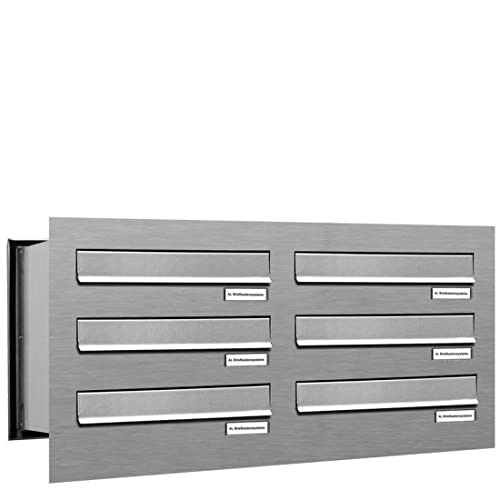 AL Briefkastensysteme 6er Briefkasten Mauerdurchwurf in V2A Edelstahl, 6 Fach DIN A4, wetterfeste Premium Briefkastenanlage Postkasten