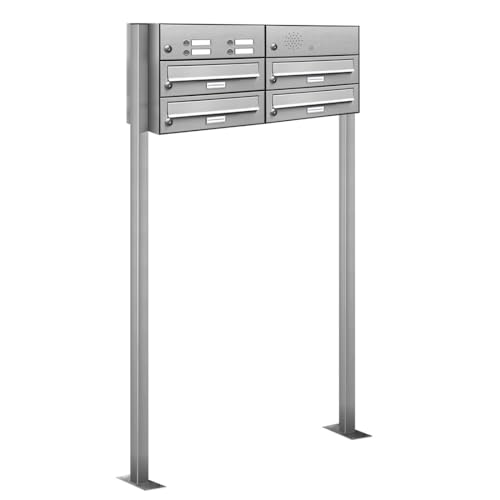 AL Briefkastensysteme 4er Briefkasten mit Klingel als Standbriefkasten, 4 Fach Briefkastenanlage in Edelstahl rostfrei Postkasten modern