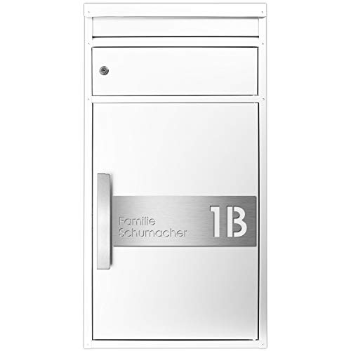 Paketbriefkasten SafePost 65MS inkl. Gravur Namensschild Edelstahl V4A/weiß RAL 9010 Paketbox für alle Paketdienste Design-Briefkasten modern Standbriefkasten