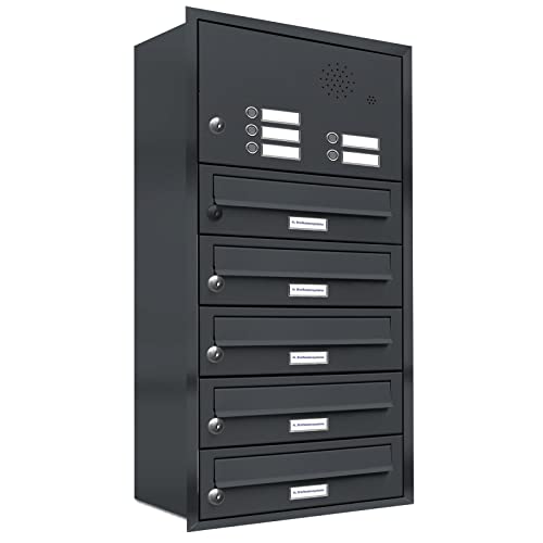 AL Briefkastensysteme, 5er Unterputzbriefkasten mit Klingel in Anthrazit Grau RAL 7016, 5 Fach wetterfeste Briefkastenanlage Design modern