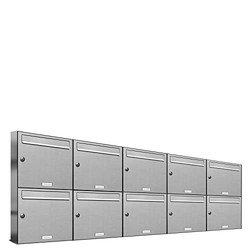 AL Briefkastensysteme 10er Briefkastenanlage Edelstahl, Premium Briefkasten DIN A4, 10 Fach Postkasten modern Aufputz