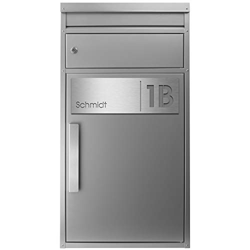 Paketbriefkasten SafePost 65MS inkl. Gravur Namensschild Edelstahl V4A/silber RAL 9006 Design-Paketkasten für alle Paketdienste Paketbox mit Briefkasten modern Standbriefkasten
