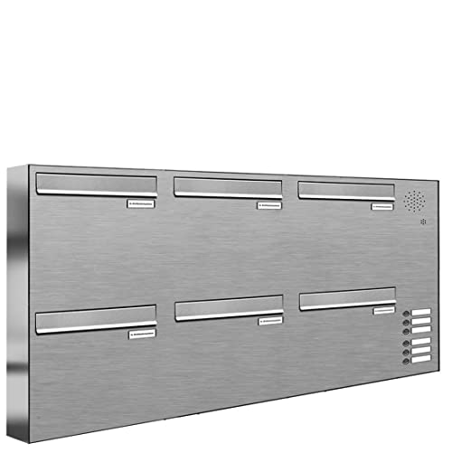 AL Briefkastensysteme 6er Briefkasten für Tür/Zaundurchwurf in V2A Edelstahl mit Klingel, 6 Fach, wetterfeste Premium Briefkastenanlage modern