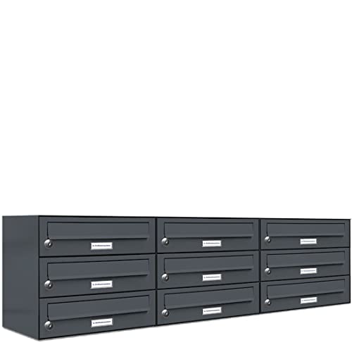 AL Briefkastensysteme 9er Briefkastenanlage Anthrazit Grau RAL 7016, Premium Briefkasten DIN A4, 9 Fach Postkasten modern Aufputz