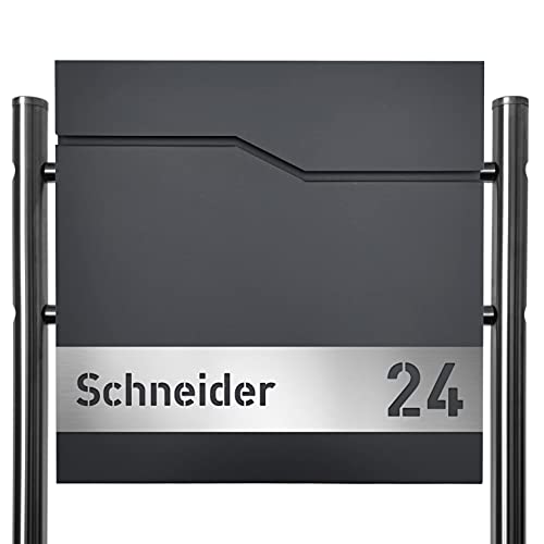 AlbersDesign - Personalisierter Briefkasten individuell mit Ihrem Namen in anthrazit (RAL7016) / mit Edelstahl-Schild, als Wand- oder Standbriefkasten