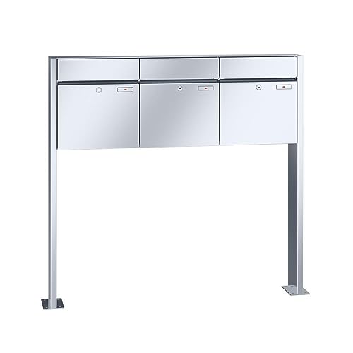 RENZ/Plan / 3er Freistehende Briefkastenanlage Standbriefkasten / V4A-Edelstahl/Volumen 28 L/mit Fußplatten/Dein-Briefkas ten.de