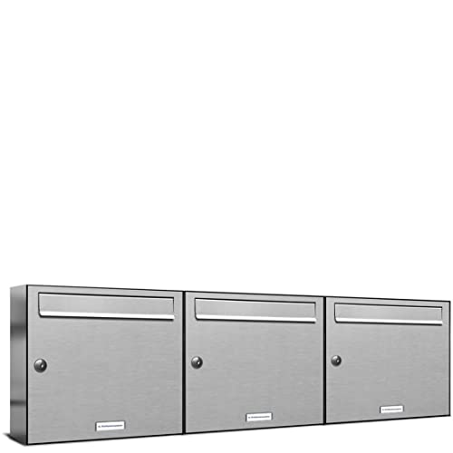 AL Briefkastensysteme 3er Briefkastenanlage aus V2A Edelstahl, Premium Briefkasten DIN A4, 3 Fach Postkasten modern Aufputz