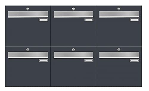 Frabox Briefkastenanlage 6er Briefkasten XXL RAL 7016 Postkasten anthrazit-grau Mehrfamilienhaus ohne Zeitungsfach 6fach Wandbriefkasten Aufputz mit Material für Befestigung Made in Germany LUIS