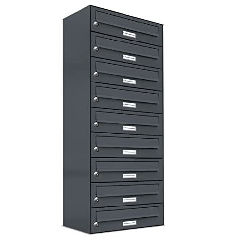 AL Briefkastensysteme 9er Briefkastenanlage Anthrazit Grau RAL 7016, Premium Briefkasten DIN A4, 9 Fach Postkasten modern Aufputz