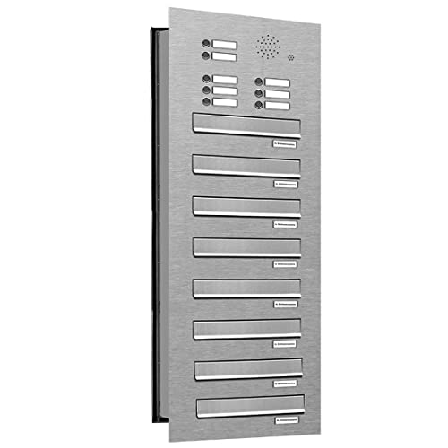 AL Briefkastensysteme 8 er Briefkasten Mauerdurchwurf in V2A Edelstahl mit Klingel, 8 Fach DIN A4, wetterfeste Premium Briefkastenanlage Postkasten