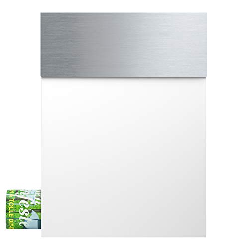 MOCAVI Box 510 Premium-Briefkasten weiß mit Zeitungsfach Edelstahl-Klappe rostfrei wetterfest Postkasten (RAL 9003) mit Zeitungsrolle