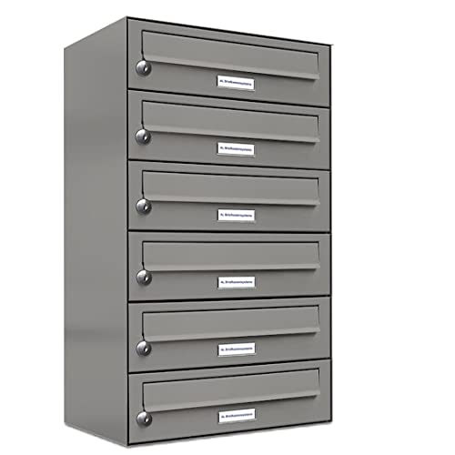 AL Briefkastensysteme 6er Briefkastenanlage Aluminiumgrau RAL 9007, Premium Briefkasten DIN A4, 6 Fach Postkasten modern Aufputz