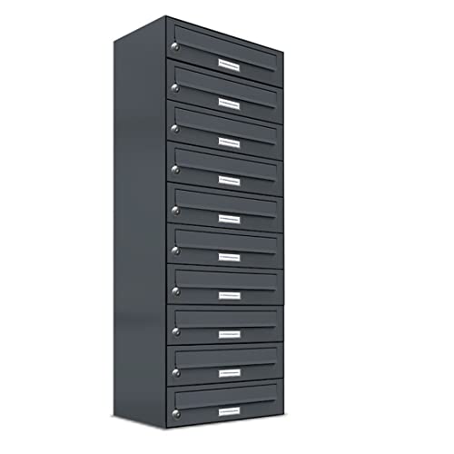 AL Briefkastensysteme 10er Briefkastenanlage Anthrazit Grau RAL 7016, Premium Briefkasten DIN A4, 10 Fach Postkasten modern Aufputz