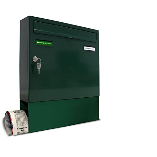 AL Briefkastensysteme 1er Briefkasten mit Zeitungsfach in Moosgrün RAL 6005 1 Fach DIN A4 wetterfest Briefkastenanlage mit Posthaltebügel und 2 Namensschildern