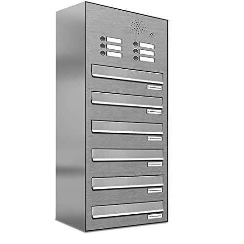 AL Briefkastensysteme 6 er Briefkasten für Tür/Zaundurchwurf in V2A Edelstahl mit Klingel, 6 Fach, wetterfeste Premium Briefkastenanlage modern
