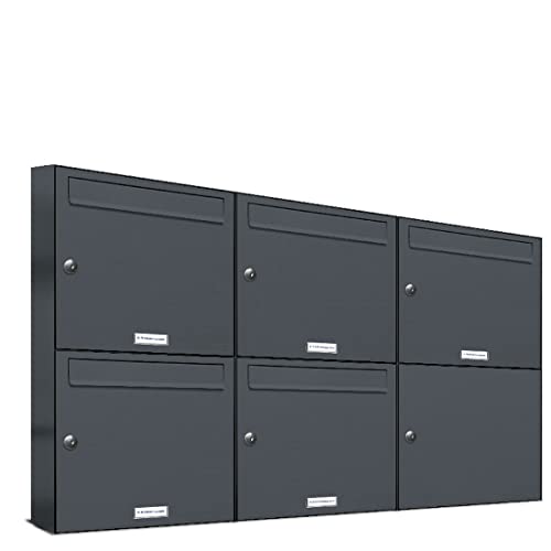 AL Briefkastensysteme 5er Briefkastenanlage Anthrazit Grau RAL 7016, Premium Briefkasten DIN A4, 5 Fach Postkasten modern Aufputz