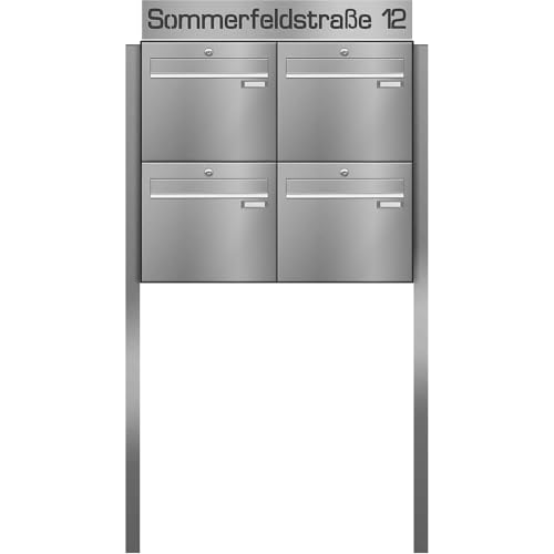 Frabox Briefkastenanlage 4fach Briefkasten personalisiert freistehend Edelstahl XXL Standbriefkasten zum Einbetonieren mit Hausnummer & Straße Mehrfamilienhaus ohne Zeitungsfach Made in Germany LUIS