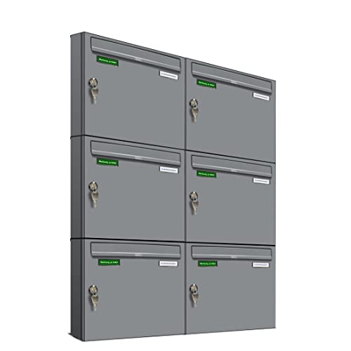 AL Briefkastensysteme Basic 6er Briefkasten RAL 9006 Weiß Aluminium Silber Edelstahl-farbig 6 Fach DIN A4 wetterfest Briefkastenanlage mit Posthaltebügel und 2 Namensschildern
