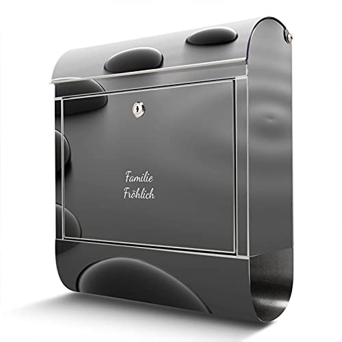banjado® Briefkasten Edelstahl personalisiert mit Motiv Schwarze Steine 38x43x12cm & 2 Schlüssel - rostfreier Edelstahl Briefkasten mit Zeitungsfach - Postkasten A4 Einwurf inkl. Montagematerial