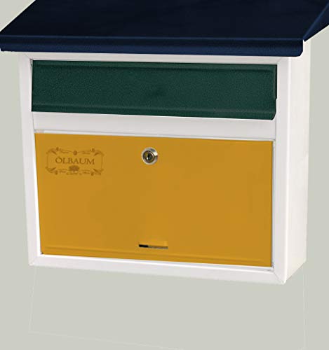 Vintage-Style Design Briefkasten, Motiv weiss grün schwarz blau gelb rot grau violett pink metallic, komplett mit Zeitungsrolle, antik, groß, Metall mit Lackierung, Flachdach mit Katalogeinwurf,