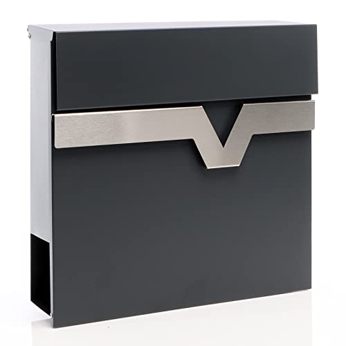 Briefkasten Anthrazit V60 mit Zeitungsfach und Deckel-Dämpfer abschließbarer Wandbriefkasten