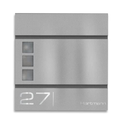 Metzler Briefkasten in Graualuminium RAL 9007 Cube - Name & Hausnummer als Lasergravur - Design Wandbriefkasten inkl. Zeitungsfach - Briefkasten mit Fenster - Größe: 37 x 37 x 10,5 cm