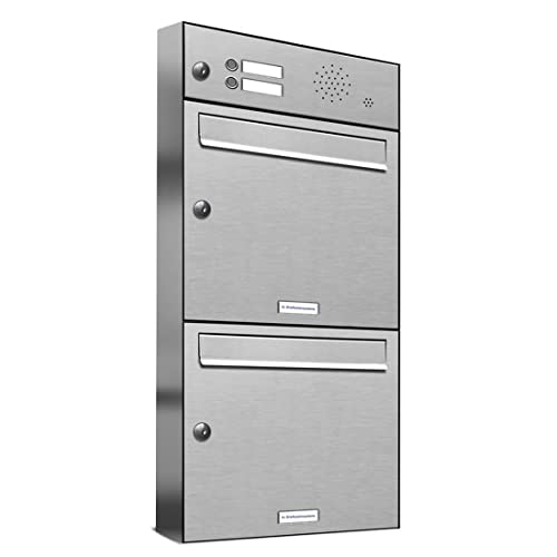 AL Briefkastensysteme 2er Briefkastenanlage mit Klingel, Edelstahl, Premium Doppel-Briefkasten DIN A4, 2 Fach Postkasten modern Aufputz