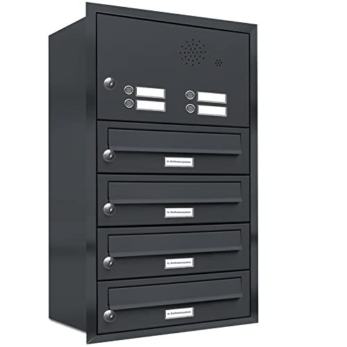 AL Briefkastensysteme, 4er Unterputzbriefkasten mit Klingel in Anthrazit Grau RAL 7016, 4 Fach wetterfeste Briefkastenanlage Design modern