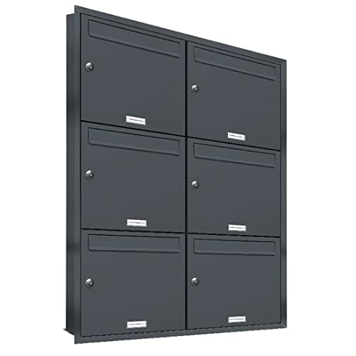 AL Briefkastensysteme, 6er Unterputzbriefkasten in Anthrazit Grau RAL 7016, Briefkastenanlage 6 Fach, Postkasten modern