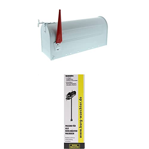 BURG-WÄCHTER U.S. Mailbox mit schwenkbarer Fahne, Stahlblech, 891 W, Weiß + Briefkasten Pfosten, praktischer Briefkastenständer zum Einbetonieren, Stützpfosten für U.S. Mailbox, 150 cm, Schwarz