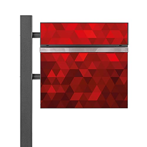 banjado® Standbriefkasten Anthrazit mit Motiv Dreiecke Rot & Zeitungsfach/Briefkasten mit Standfuß in Anthrazit/Postkasten A4 Einwurf inkl. Montagematerial & 2 Schlüsseln