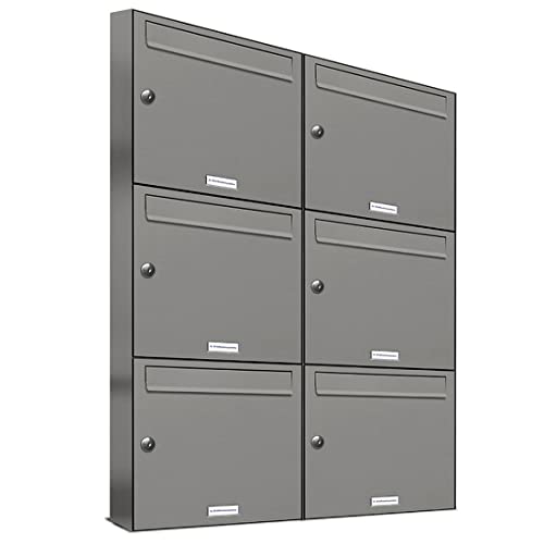 AL Briefkastensysteme 6er Briefkastenanlage Aluminiumgrau RAL 9007, Premium Briefkasten DIN A4, 6 Fach Postkasten modern Aufputz