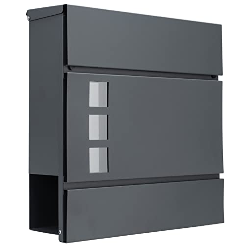 Monzana Briefkasten Design Stahl mit Zeitungsfach Sichtfenster 2 Schlüssel Zeitungsrolle Wandbriefkasten Anthrazit