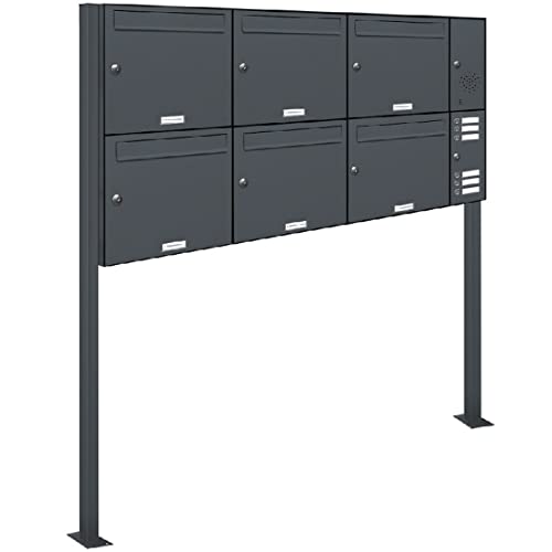 AL Briefkastensysteme 6er Standbriefkasten Anthrazitgrau RAL 7016 mit Klingel als 6 Fach Briefkastenanlage in Postkasten Briefkasten Design modern