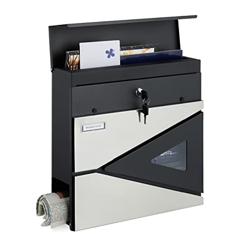 Relaxdays Briefkasten, Zeitungsfach, modern, Sichtfenster, abschließbar, Postbox HBT 37x37x11 cm, Stahl, schwarz/silber