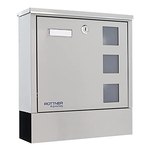 Rottner Briefkasten Lago INOX, Zylinderschloss mit 2 Schlüssel, Edelstahl, BxH 305x330 mm, Befestigungsmaterial inklusive, Zeitungsrolle, Sichtfenster, Namensschild
