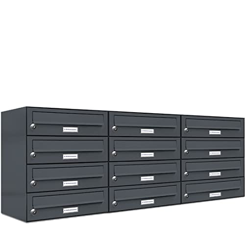 AL Briefkastensysteme 12er Briefkastenanlage Anthrazit Grau RAL 7016, Premium Briefkasten DIN A4, 12 Fach Postkasten modern Aufputz