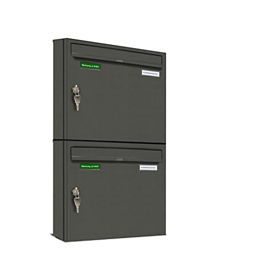 AL Briefkastensysteme Basic 2er Briefkasten DB 703 Eisenglimmer Grau 2 Fach DIN A4 wetterfest Briefkastenanlage mit Posthaltebügel und 2 Namensschildern