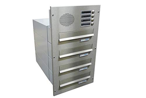 B-042 4er Edelstahl Mauerdurchwurf Briefkastenanlage mit 4 Klingeln & Sprechsieb (Tiefe: 39-62 cm) - LETTERBOX24.de
