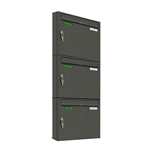 AL Briefkastensysteme Basic 3er Briefkasten DB 703 Eisenglimmer Grau 3 Fach DIN A4 wetterfest Briefkastenanlage mit Posthaltebügel und 2 Namensschildern