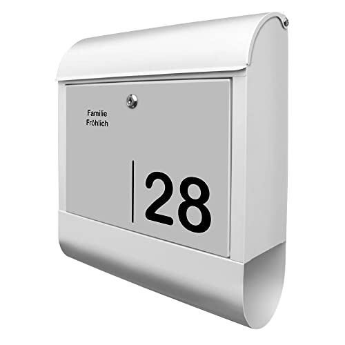 banjado® Briefkasten mit Hausnummer in weiß - Design Briefkasten Stahl mit Zeitungsfach für Wandmontage - Postkasten/Briefkasten Hausnummer A4 Einwurf inkl. Montagematerial & 2 Schlüssel
