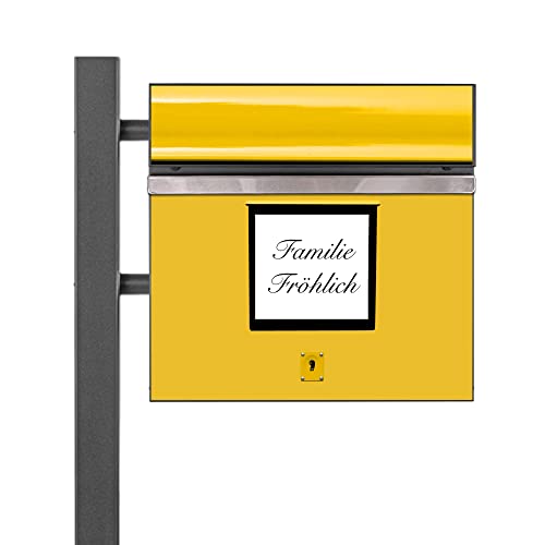 banjado® Standbriefkasten Anthrazit mit Namensschild Post Gelb & Zeitungsfach/Briefkasten mit Standfuß in Anthrazit/Postkasten A4 Einwurf inkl. Montagematerial & 2 Schlüsseln